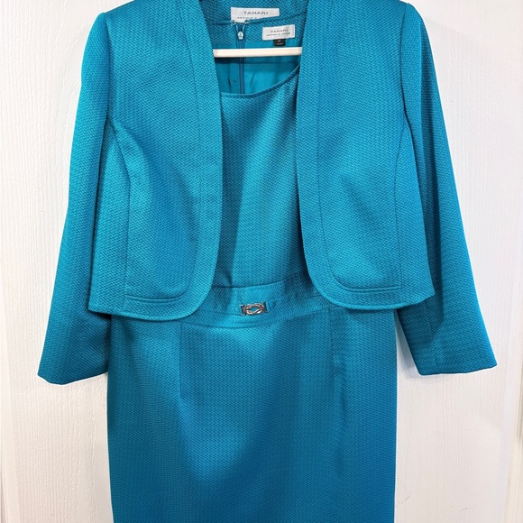 Tahari Teal Textured Dress and Jacket Size 14 - Picture 2 of 7